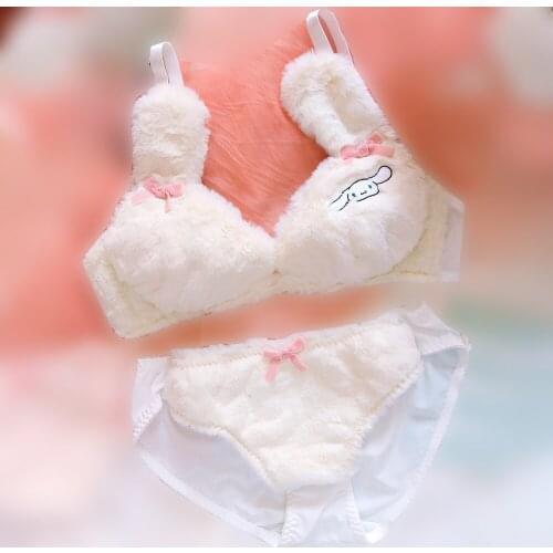 2Pcs Plush Long Ear Doggy Bra Underwear Set for Women Girls Soft Embroidery Lingerie Suit Home Sleepwear Kawaii Lolita Clothes