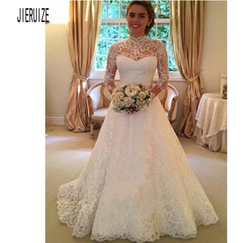 JIERUIZE High Collar Lace Wedding Dresses 2019 Vintage Sheer Long Sleeves Open Back Bridal Gowns Bow Sash robe de marriage