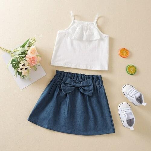 Summer Girls Solid Color Clothes Set Sleeveless Square Neck Cropped Tops with Lace + Short Denim Skirt with Bow-knot