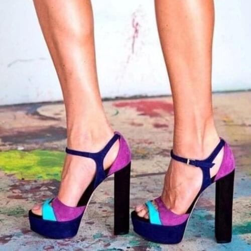 Fashion Suede Patchwork Platform Sandals Open Toe Chunky Heels Dress Shoes Purple Blue Black Mixed Colors Party Shoes