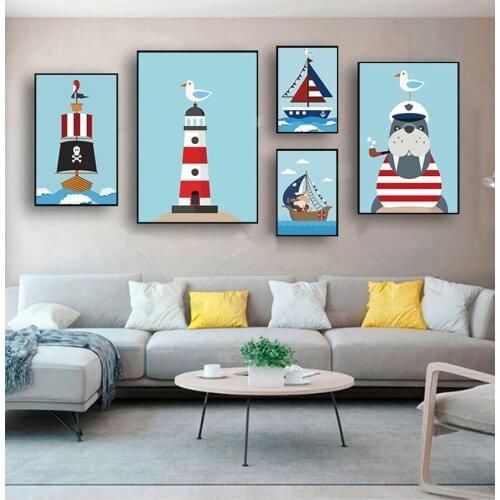 Modular Blue Picture Art Mural Wall Decor Cartoon Sailboat Sailor Canvas Poster And Prints For Kids Bedroom Wall Painting
