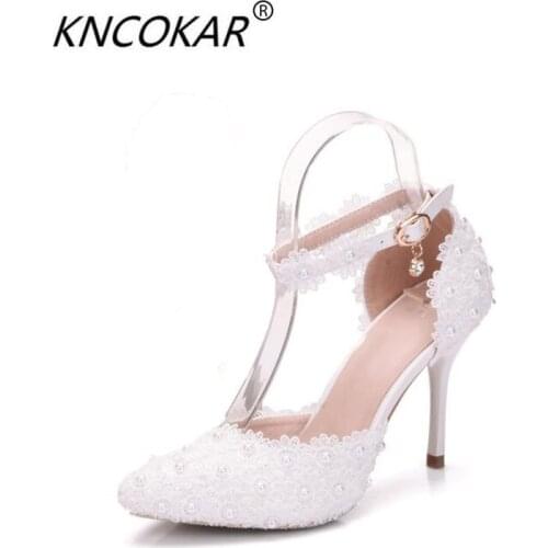 KNCOKAR New Fashion white lace flower wedding shoes a word bracelet with bride shoes and pointed shoes size 34-41