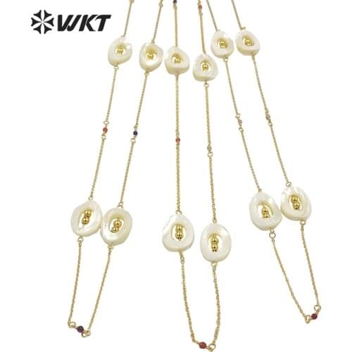 WT-JN151 Wholesale fashion gold natural white shell handmade necklace Elegant Spring design spacer beads long chain necklace