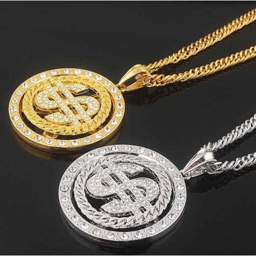 Large Rotatable US Dollar Money Sign Pendant Necklace Hip Hop Punk Luxury Long Chain Necklace Women Men Statement Necklace Gift