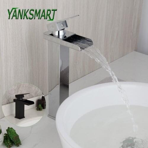 YANKSMART Luxury Chrome Waterfall Bathroom Basin Sink Faucet Black Vanity Deck Mounted Washbasin Hot And Cold Mixer Water Tap