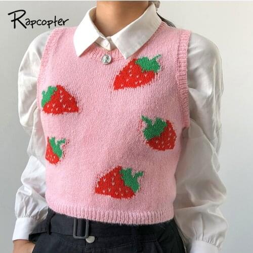 Rapcopter Strawberry Sweaters Y2K Crop Top Sleeveless O Neck Cute Tank Top Preppy Style Retro Knitwear Jumper Autumn Winter Top