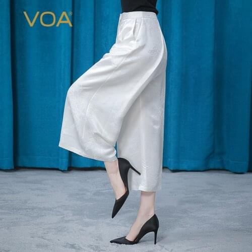 VOA 32m/m White Jacquard Natural Waist Button KE350 Fashion Joker Straight Silk Calf-Length Pants for Women Summer 2021