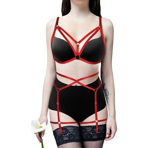 Hollow Out Erotic Lingerie Women Harness Bra Sexy Body Harness Goth Elastic Bdsm Festival Rave Wear Garter Belt Stockings Set