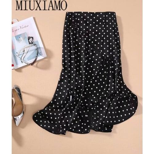 MIUXIMAO Vintage Dot Print Acetate Long Skirts Women High Waist Midi 2020 Summer Split Wrap Skirt Ladies Beach Fishtail skirt