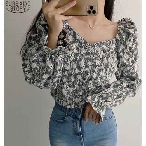 Floral Casual Vintage Puff Sleeve Women Shirts 2021 Spring Chic Lace Women Blouse and Tops Square Collar Female Clothing 14303