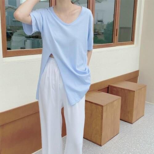 2020 New Women Summer Casual V Neck Loose T-shirt Split Hem Tshirt Thin Blue Pullover Top Short Sleeve