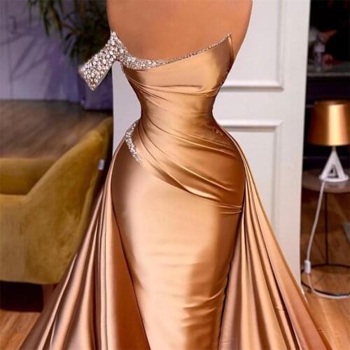 2021 Gold Mermaid Evening Dress with Detachable Train Crystals Satin Prom Gowns Custom Made Formal Party Gowns