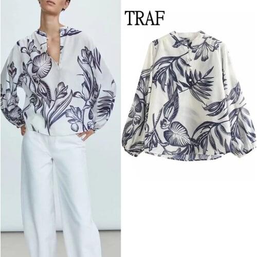 TRAF Za Women Top Fashion Woman Blouses 2021 New Print Loose Long Sleeve Top Woman Chic Button Womens Oversize Shirt Autumn