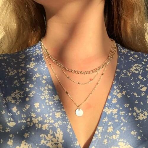 Fashion Multilevel Gold Silver Color Chain Necklaces For Women Female New Vintage Round Glossy Sequin Pendant Necklace Jewelry