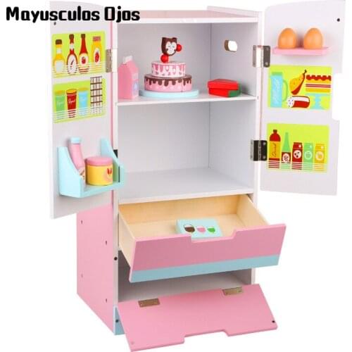 Childrens Wooden Kitchen Double Door Refrigerator Kindergarten Scene Play House Early Education Parent-child Educational Toys