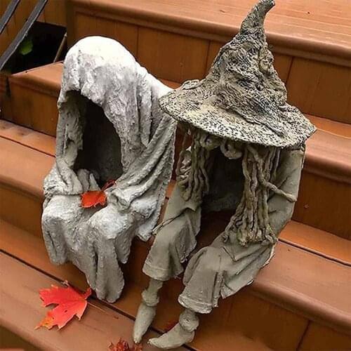 Halloween Witch Ghoul Sitting Statue Solar Light Crafts Resin Ornament for Parties Home Garden Courtyard Decoration Gift WWO