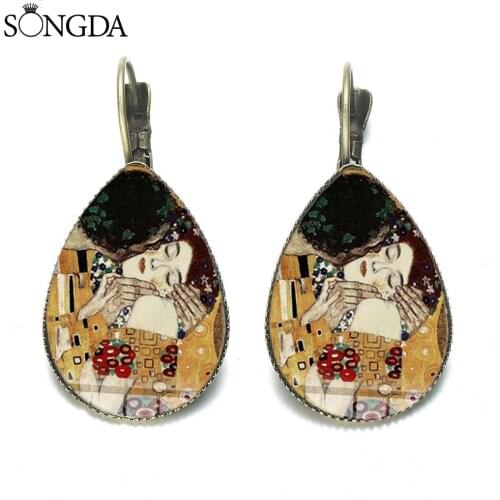 Classical Gustav Klimt The Kiss Teardrop Earrings Golden Tears Painting Glass Dome French Hook Water Drop Dangle Earrings