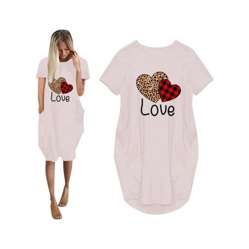 Summer Women Pink Dresses Heart Love Print Plus Size 5XL Midi Dress Casual O Neck Short Sleeve With Pocket Loose Fashion Dress