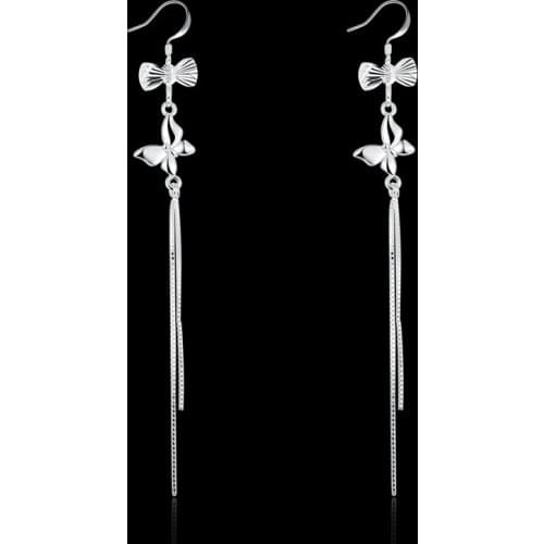 Hot Sale Elegant Women Tassels Earring Bowknot Butterfly Shape Wedding Party Silver Long Dangle Earring Hook Jewelry