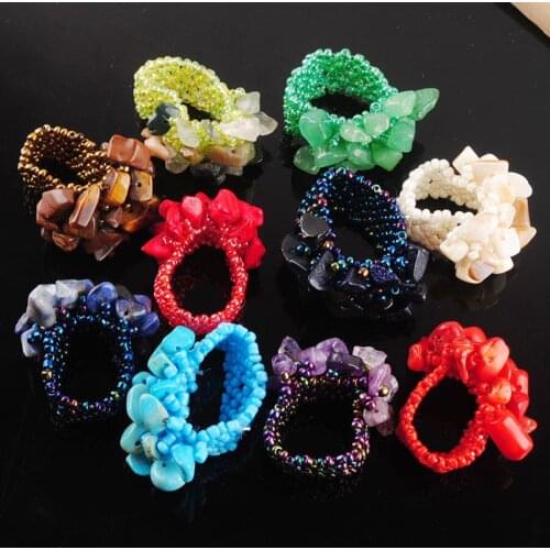 Fashion Jewelry Resizable Rings Stone Chips Beads Weave Stretch Finger Ring US 6~9 Flourite Amethysts Aventurine 1Pcs QBJ302