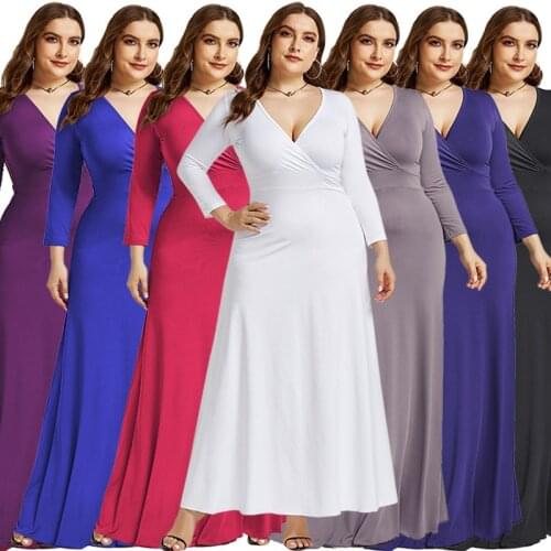 Solid Long Sleeves Fashion Purple V Neck Plus Size Dress Women Simple Bodycon Floor To Length White Party Dress Long