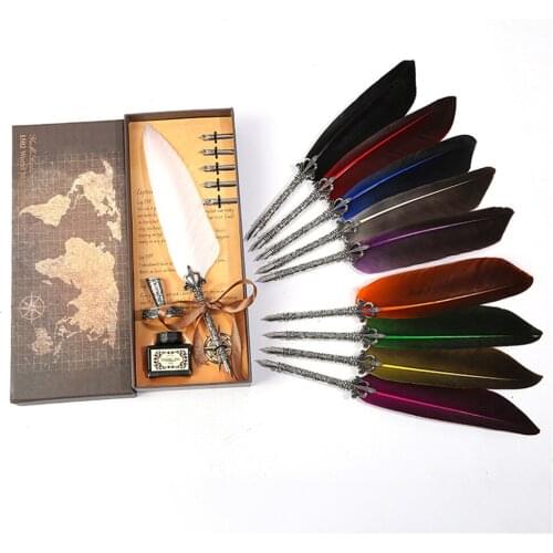 1 Set Retro Vintage Calligraphy Feather Dip Pen Writing Ink Set Stationery Quill Fountain Pens Creative Vintage Pen Dropshipping