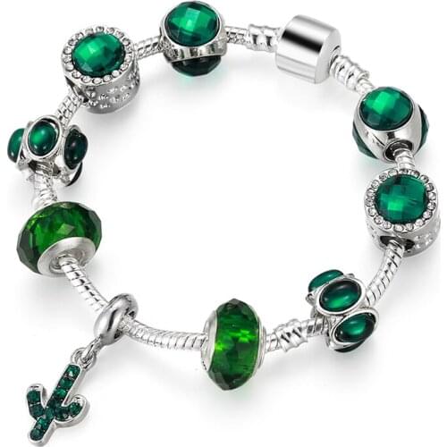 Fit original fashion bracelet green glass bead Four-leaf clover pendant lucky beads charms safe chain bangles for women jewelry