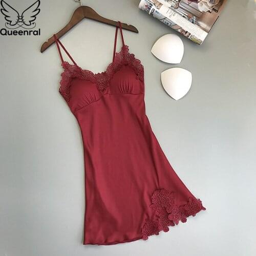 Queenral Women Nightgowns Summer Dress Sleepshirts Satin Night Dress Female Sexy Nightgowns Sleepwear Chest Pads Homewear