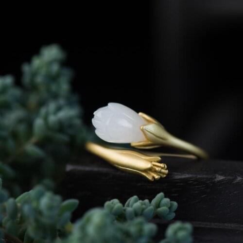 Natural Hetian White Magnolia Flower Opening Adjustable Ring Chinese Retro Unique Ancient Gold Craft Womens Jewelry