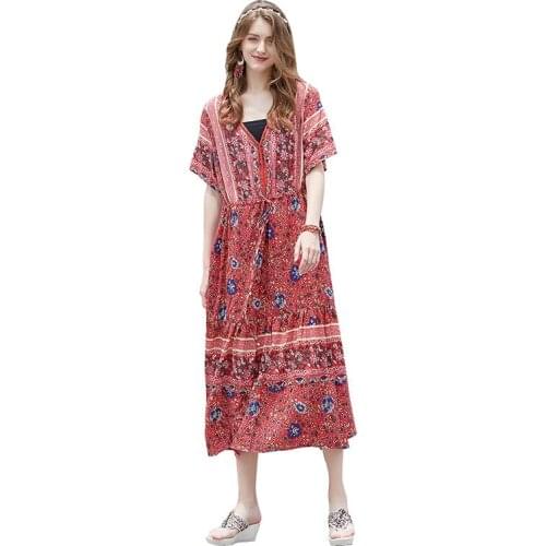 Retro Print Long Beach Dress S To 4XL Plus Size Dresses for Women Elegant V-neck Short Sleeve Long Robes TA931