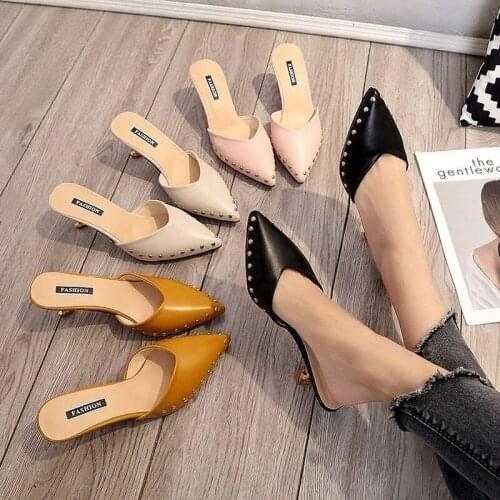 Sandals Womens New Summer One-word Baotou Sandals Pointed Toe Wear Rivets Half Drag Stiletto High Heels Female Trend