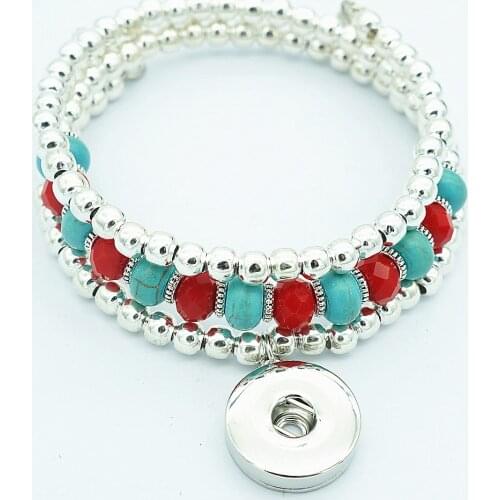SG0163 Fashion Charming Silver color turquoises red stone beads layers snap bracelet bangle fit 18MM snap buttons jewelry