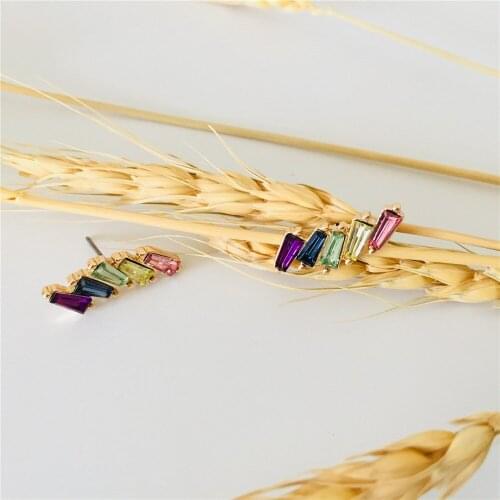 Gorgeous Gold Color Plating Multi Colorful Baguette Stone Irregular Stud Earrinsg For Women Girls Jewel Tone Pretty Statement