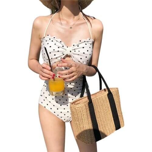 Xingqing Women Backless Dot Pattern One-piece Swimsuit Sleeveless One-piece Swimsuit Stylish Bathing Suit Ladies Beachwear