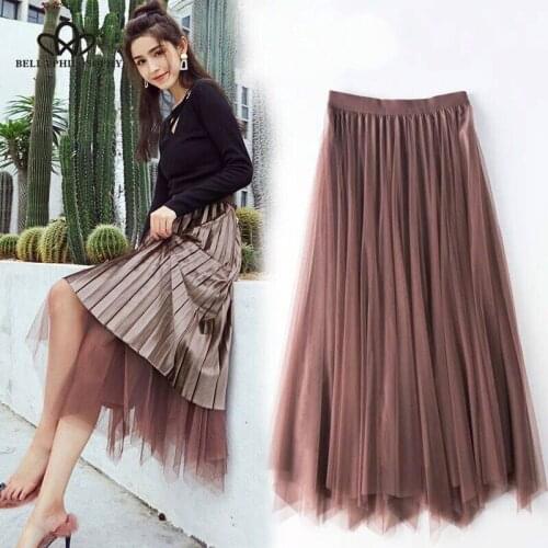 HStar 2020 autumn Solid mesh Women Skirts ladies Tulle Elastic Skirt female Double-side High Waist Pleated Skirt