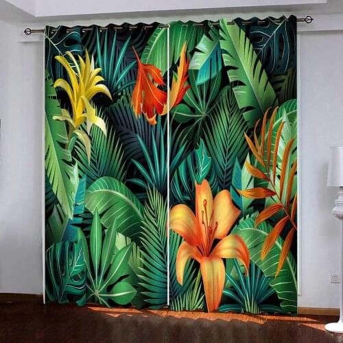 Yellow flowers and green leaves Blackout Curtains Luxury 3D Curtains For Living room bedroom 3d curtain