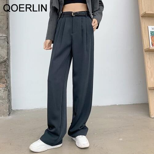 QOERLIN Straight Suits Pants Women 2021 Spring Loose Wide Leg Pants High Waist Draped Black Suit Trouser Plus Size Black Pants