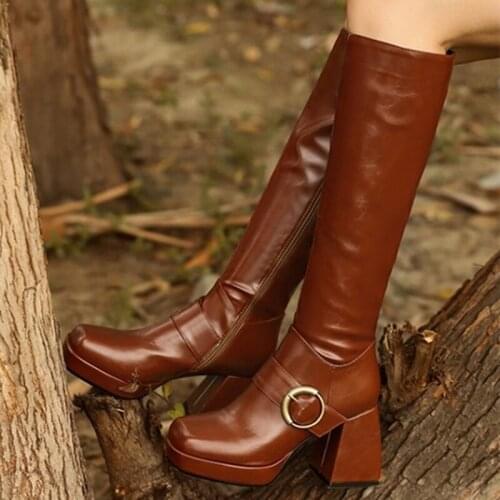 Autumn Winter Elegant Ladys Knee High Boots Buckle Square Toe Block High Heel Shoes Women Boots Zipper Big Size 43