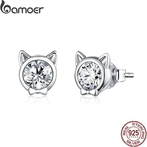 Bamoer Cute Cat Stud Earrings for Women 925 Sterling Silver Minimalist Animal Ear Studs Engagement Statement Jewelry SCE899