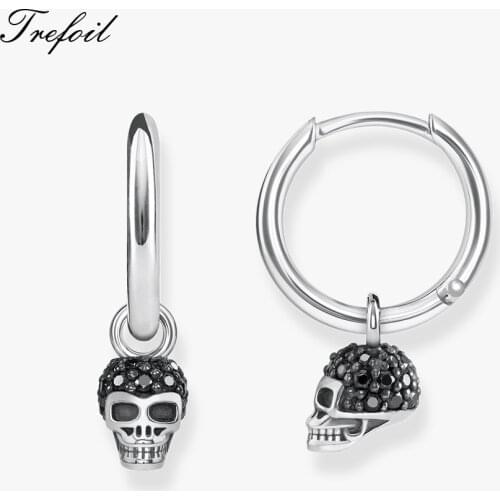 Vintage 925 Sterling Silver Love Heart Eyes Skull Hoop Earrings for Women Punk Party Skeleton Jewelry Pendientes Mujer Moda
