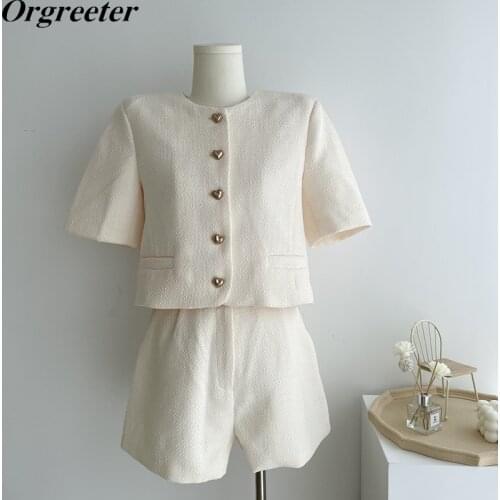 Summer Matching Sets Casual Retro Temperament O Neck Short Sleeve Single-breasted Jacket Tweed Coat Slim Mini Skirts 2 Piece set