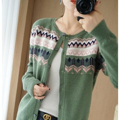 2021 Autumn Winter New Pure Wool Knitted Cardigan Ladies Retro Ethnic Fashion Jacket Cashmere Sweater Round Neck Wild Base Shirt