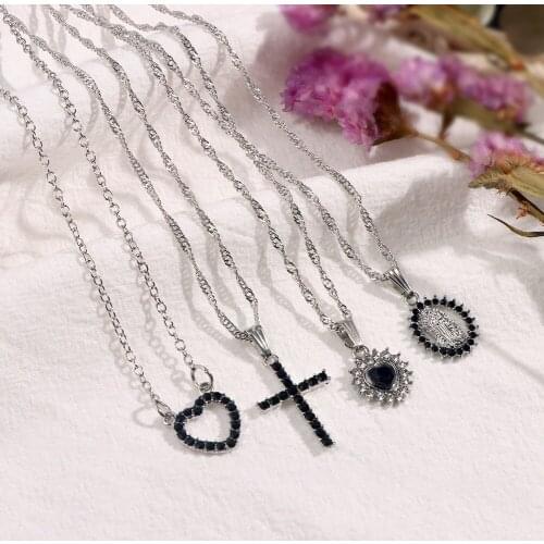 JUST FEEL Multi-layer Heart Cross Crystal Pendant Necklace For Women Silver Color Portrait Twisted Chain Necklaces Punk Jewelry