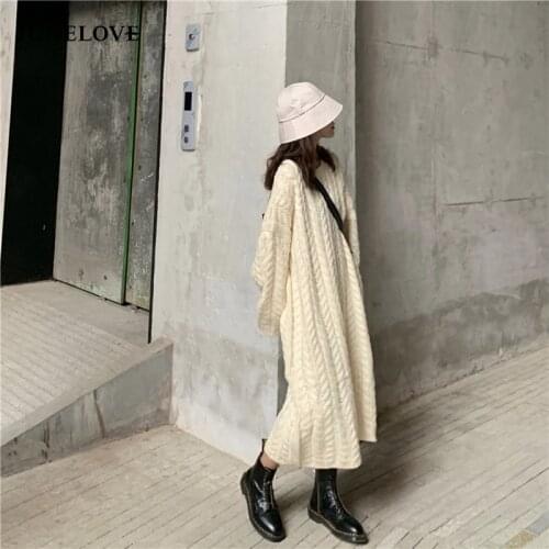 JuneLove Women Winter Knitted Dress Vintage Loose Female Sweater Dress Casual Street Lady Warm Elegant Pullovers Long Vestidos