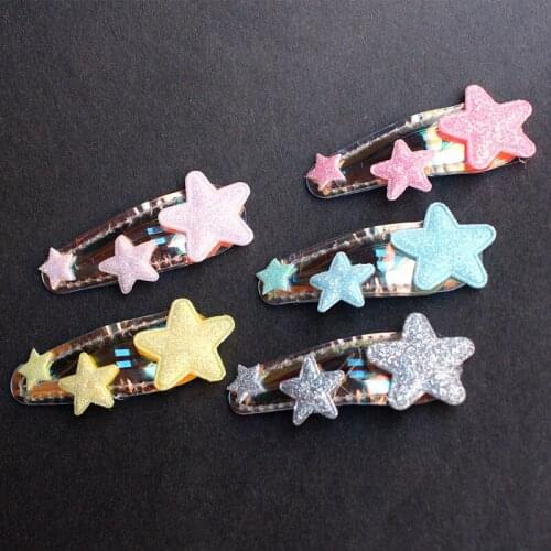 20pcs/lot Lovely BB Stars Glitter Felt Hair Clips Cute Girls Shinning Three Star Hairpins with Apple Charms Kids Hair Clip Head