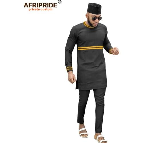 2019 African Men Clothing Traditional 3 Piece Set Dashiki Outfits Print Shirts+Ankara Pants and Hat Suit AFRIPRIDE A1916013