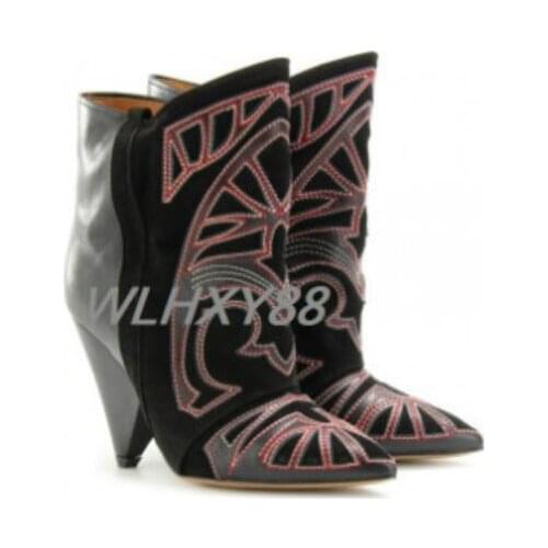 2019 fashion women red boots slip on spike heel boots women ankle booties suede leather embroidery boots ladies point toe