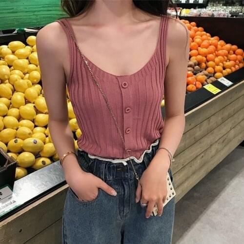 2021 Summer V Neck Sleeveless Knitted Vests Sexy Women Solid Button Slim Knitwear Camis Tops WDC7166