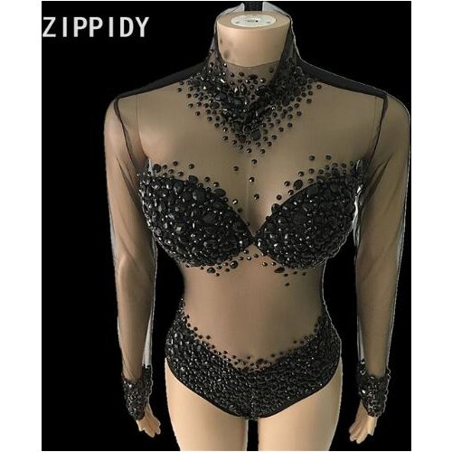 2018 5 Colors Big Stone Mesh Bodysuit Birthday Party Dance Sexy Outfit Nightclub Bar Women Singer Team Costume Rhinestones Cloth