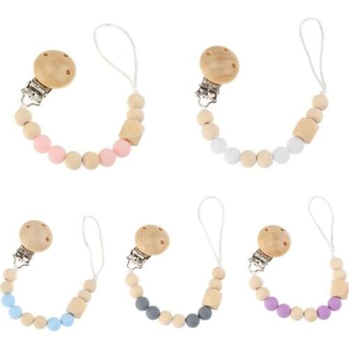 Wooden Silicone Pacifier Nipple Soother Chain Holder Cute Bead Chain Dummy Clips Baby Teething Toy Newborn Chew clip chupete